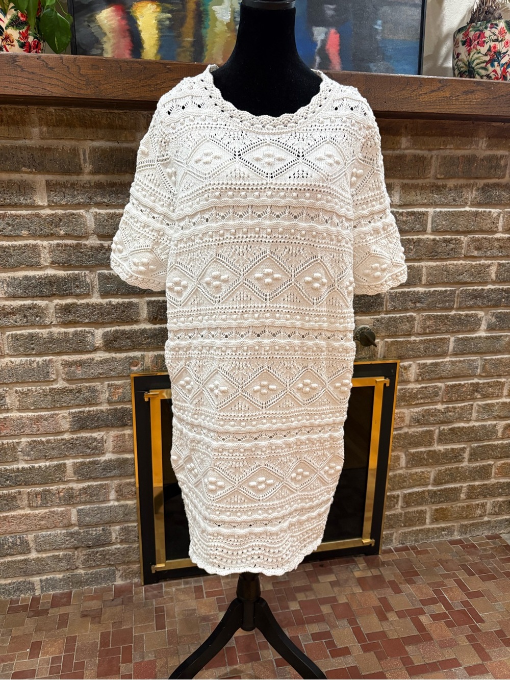 Boden Claudia White Crochet Dress with Knit Slip